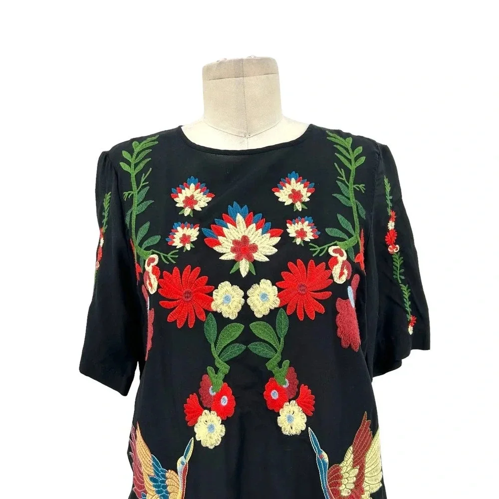 Zara‎ Embroidered Floral Crane Bird Short Black Dress Size XS
